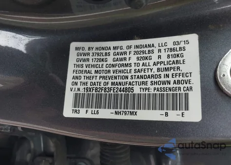 2015 Honda Civic Ex z USA, uszkodzony, nr VIN 19XFB2F83FE244805